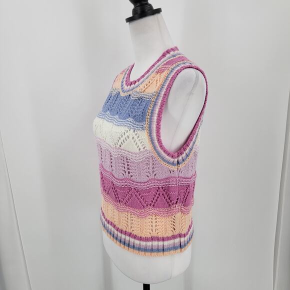 Pink Rose Sweater Vest Womens Medium Striped Open Knit Pastels Preppy Coastal - Picture 4 of 10